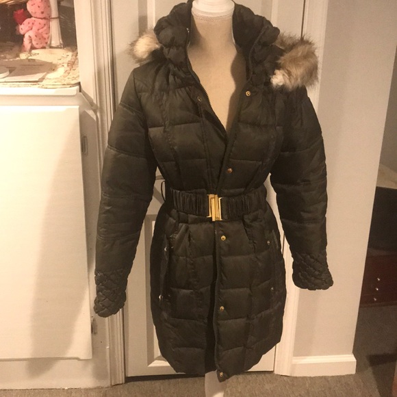 Betsy Johnson Olive Puffer Coat with fur hood - Picture 1 of 8